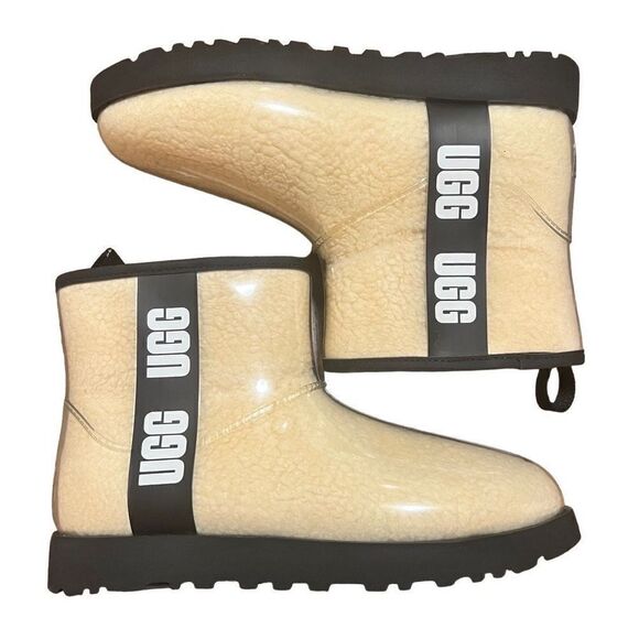 NWOT UGG Women's Beige Natural Black Classic Clear Faux Fur Lined Mini Boots Siz - Picture 1 of 5